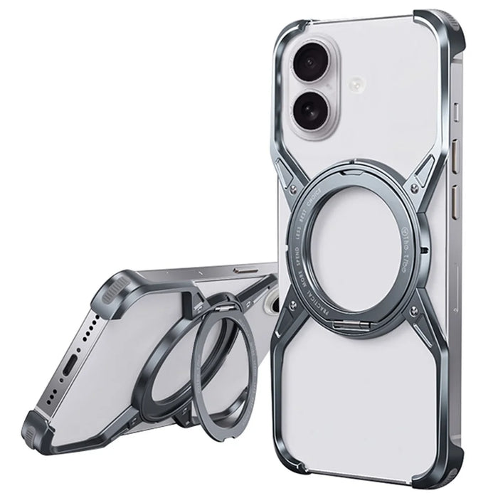 For iPhone 16 Case Kickstand Frameless Aluminum Alloy Bumper Phone Cover - Grey - 1