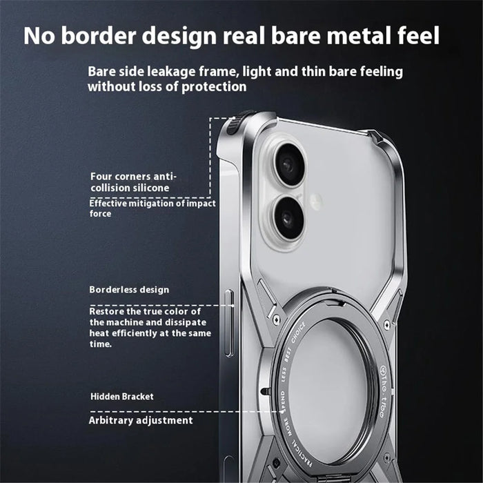 For iPhone 16 Case Kickstand Frameless Aluminum Alloy Bumper Phone Cover - Grey - 4