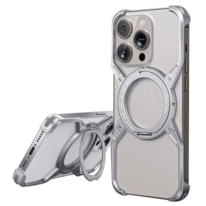 For iPhone 16 Pro Case Kickstand Frameless Aluminum Alloy Bumper Phone Cover - Silver - 1