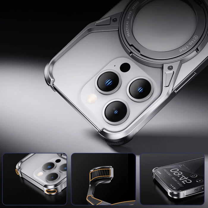 For iPhone 16 Pro Case Kickstand Frameless Aluminum Alloy Bumper Phone Cover - Silver - 5