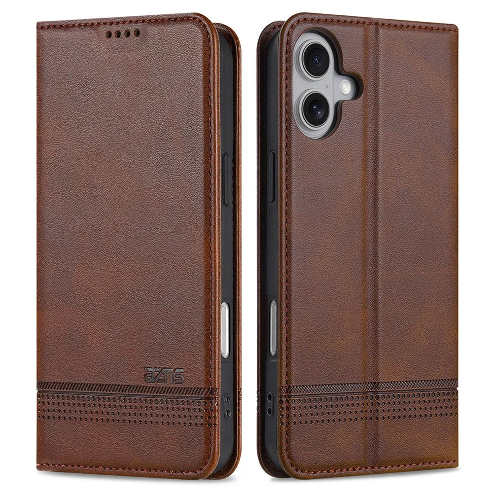 AZNS For iPhone 16 Case Cowhide Texture PU Leather Wallet Phone Cover - Coffee - 1