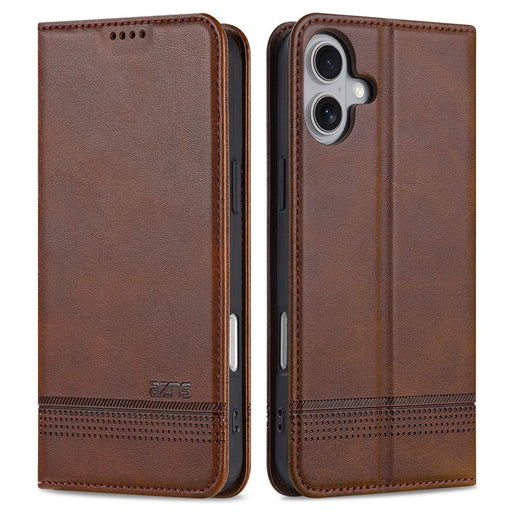 AZNS For iPhone 16 Case Cowhide Texture PU Leather Wallet Phone Cover - Coffee - 1