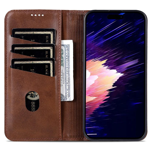 AZNS For iPhone 16 Case Cowhide Texture PU Leather Wallet Phone Cover - Coffee - 2
