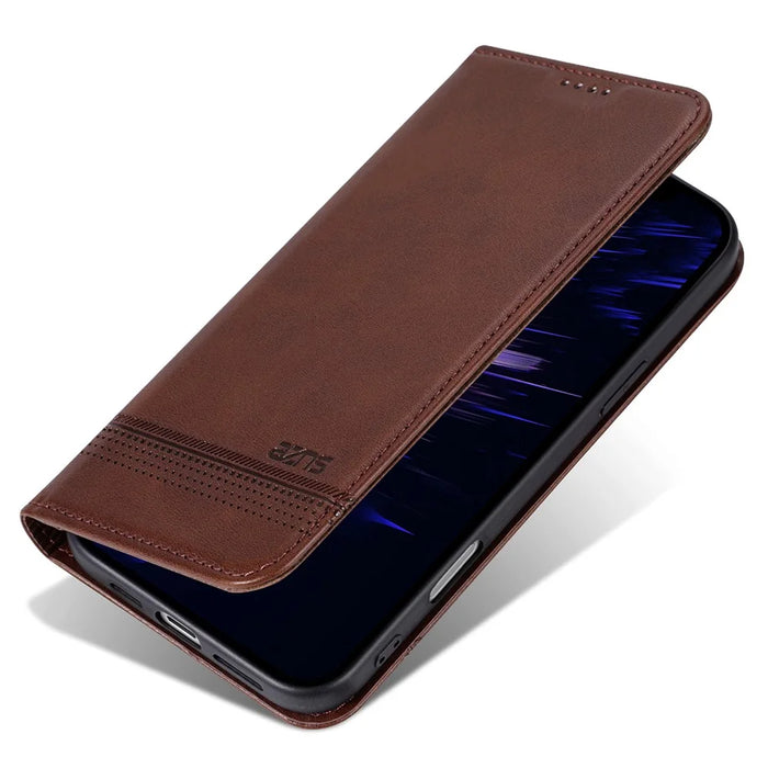AZNS For iPhone 16 Case Cowhide Texture PU Leather Wallet Phone Cover - Coffee - 5