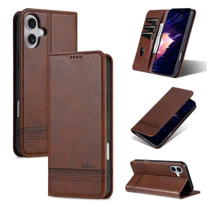 AZNS For iPhone 16 Case Cowhide Texture PU Leather Wallet Phone Cover - Coffee - 7