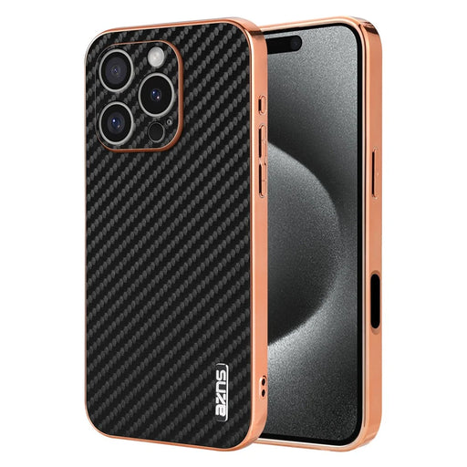 AZNS For iPhone 16 Pro Max Case Electroplating Carbon Fiber Texture PU+TPU Phone Cover - Black - 1