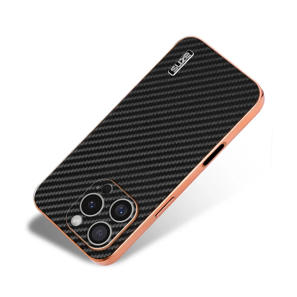 AZNS For iPhone 16 Pro Max Case Electroplating Carbon Fiber Texture PU+TPU Phone Cover - Black - 4