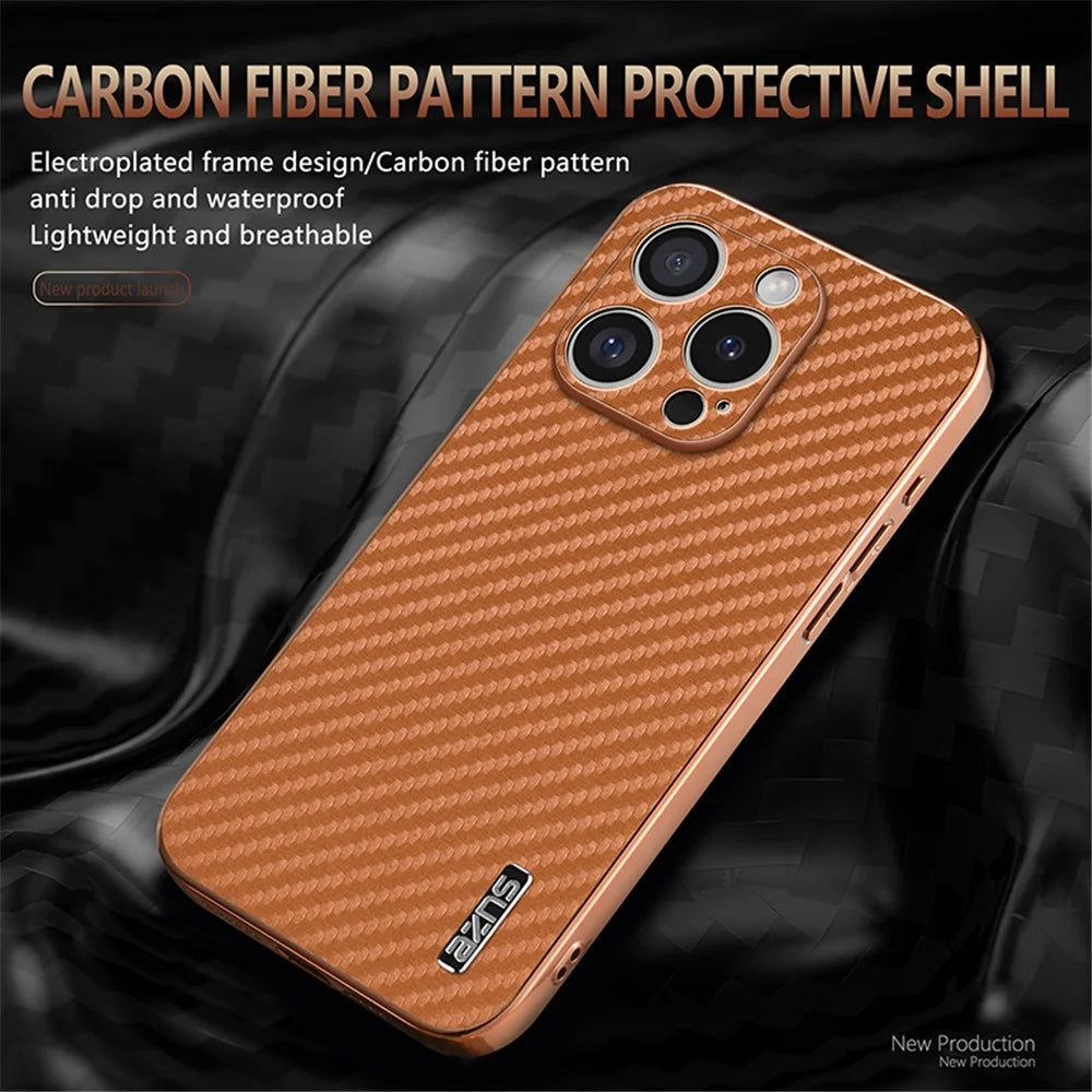 AZNS For iPhone 16 Pro Max Case Electroplating Carbon Fiber Texture PU+TPU Phone Cover - Black - 7