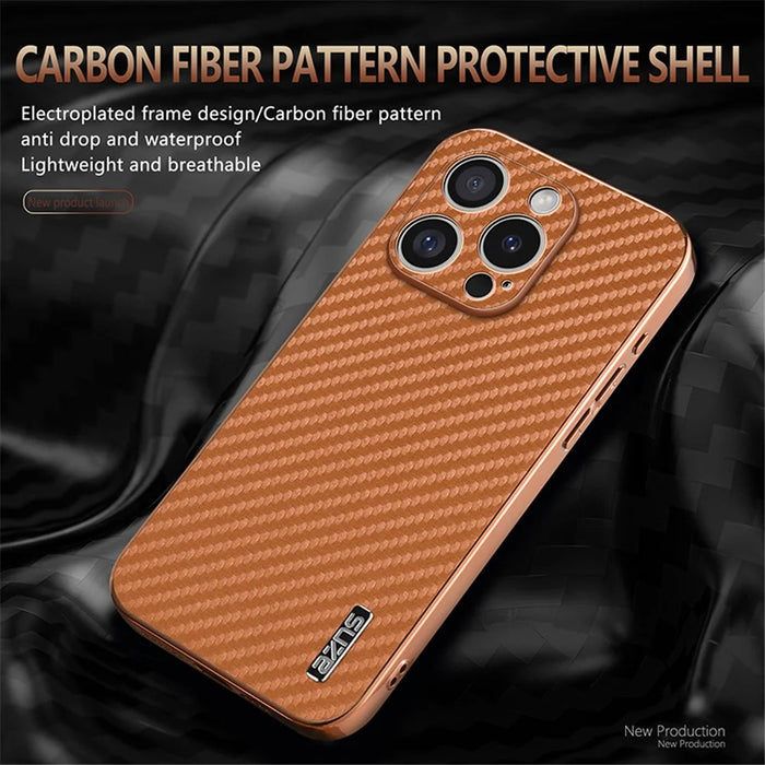 AZNS For iPhone 16 Pro Max Case Electroplating Carbon Fiber Texture PU+TPU Phone Cover - Black - 7