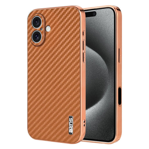 AZNS For iPhone 16 Plus Case Electroplating Carbon Fiber Texture PU+TPU Phone Cover - Brown - 1