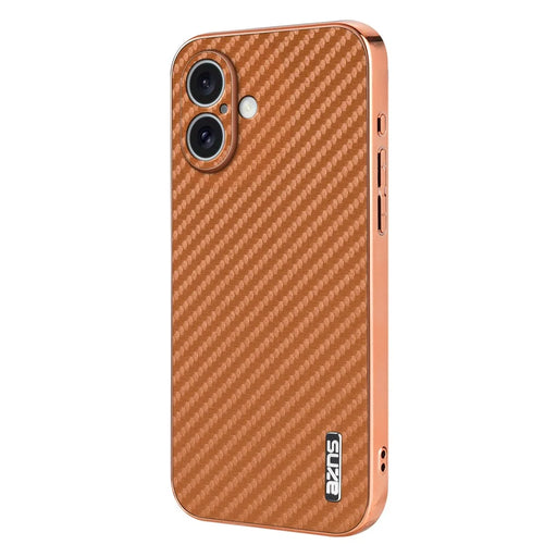 AZNS For iPhone 16 Plus Case Electroplating Carbon Fiber Texture PU+TPU Phone Cover - Brown - 2
