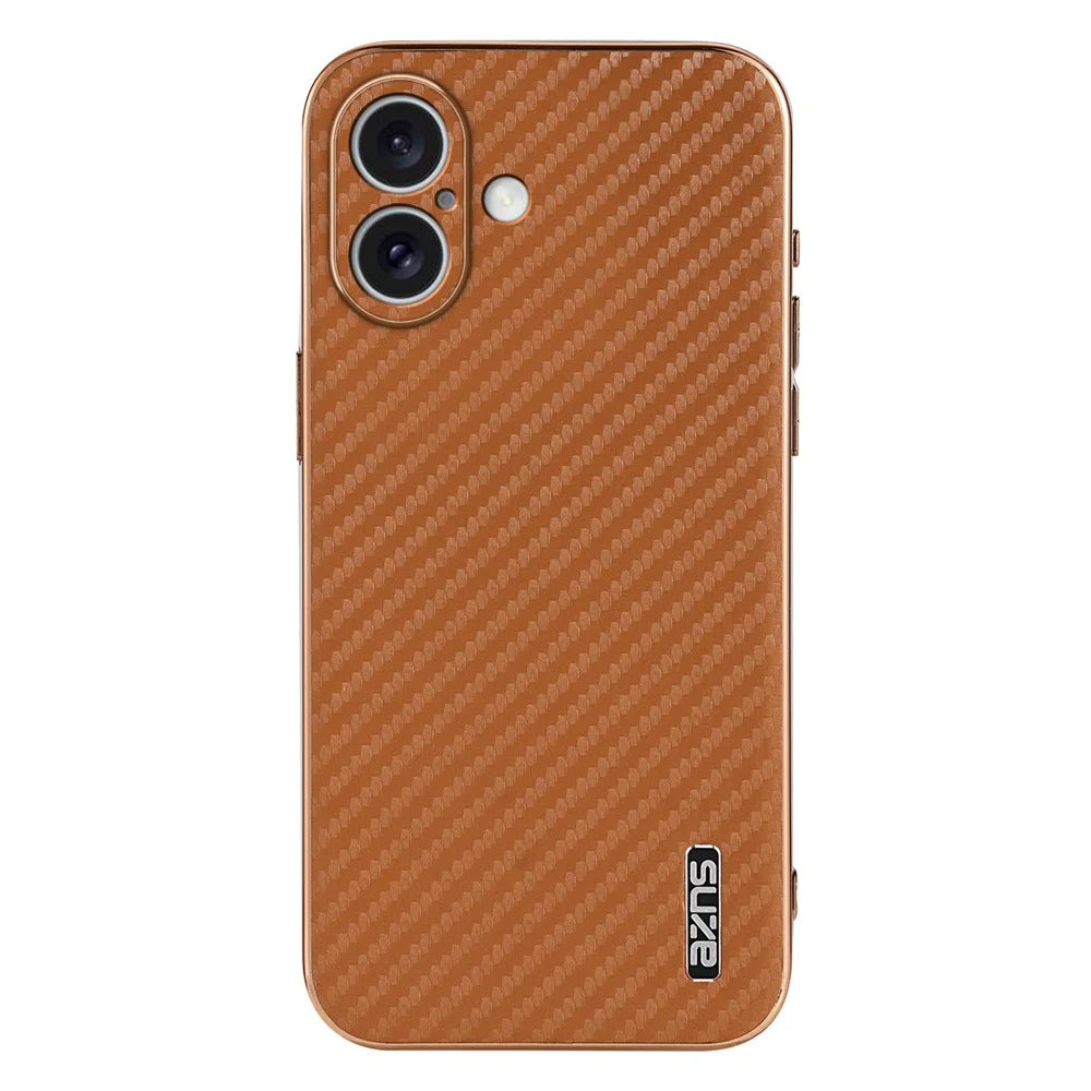 AZNS For iPhone 16 Plus Case Electroplating Carbon Fiber Texture PU+TPU Phone Cover - Brown - 3