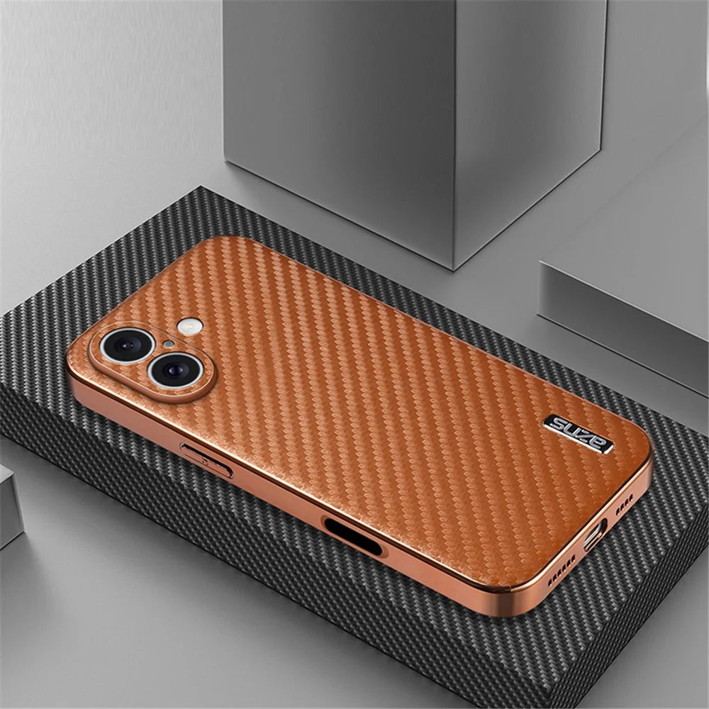AZNS For iPhone 16 Plus Case Electroplating Carbon Fiber Texture PU+TPU Phone Cover - Brown - 4
