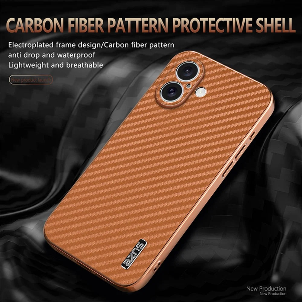 AZNS For iPhone 16 Plus Case Electroplating Carbon Fiber Texture PU+TPU Phone Cover - Brown - 6