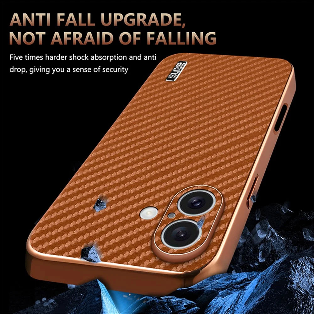 AZNS For iPhone 16 Plus Case Electroplating Carbon Fiber Texture PU+TPU Phone Cover - Brown - 7