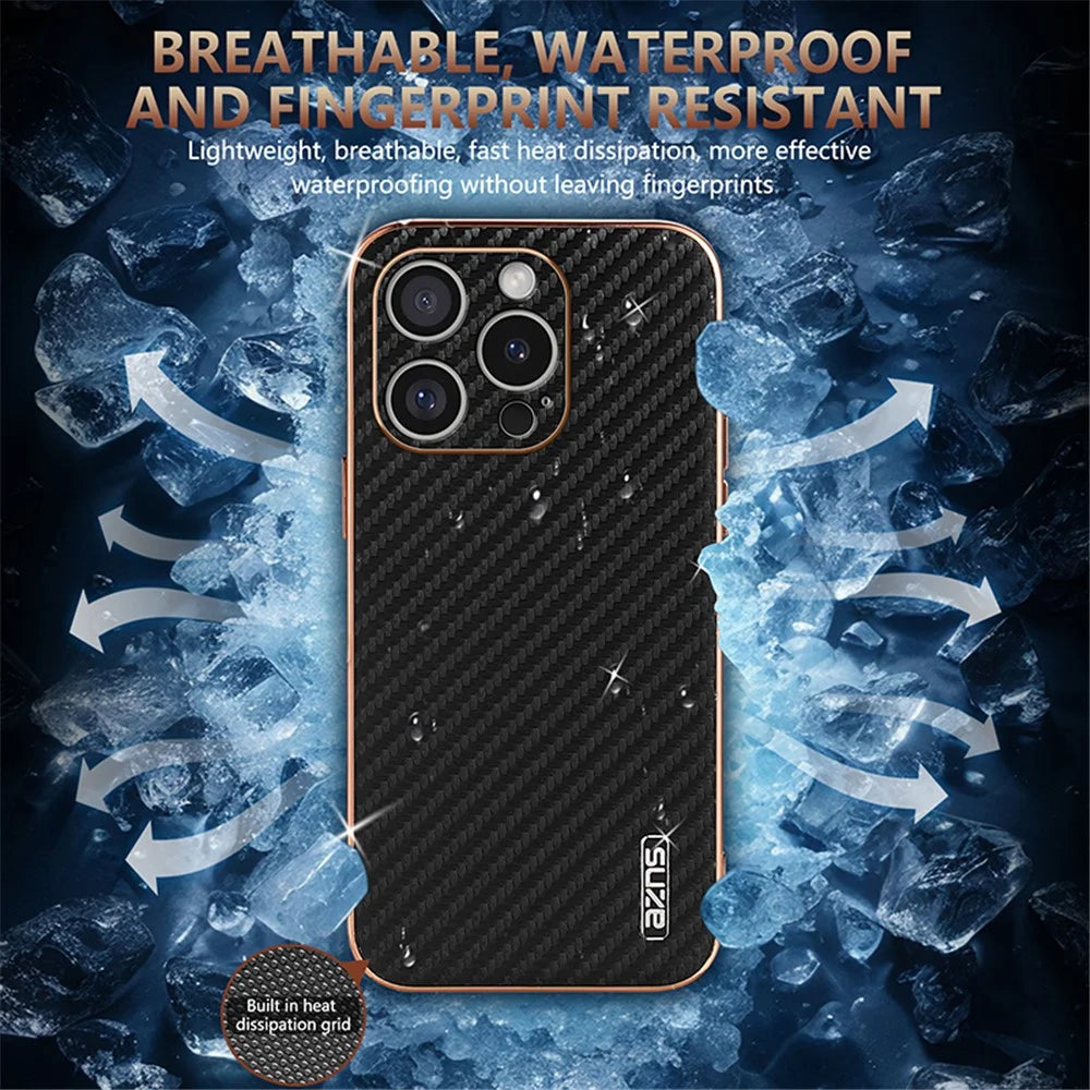 AZNS For iPhone 16 Pro Case Electroplating Carbon Fiber Texture PU+TPU Phone Cover - Black - 5