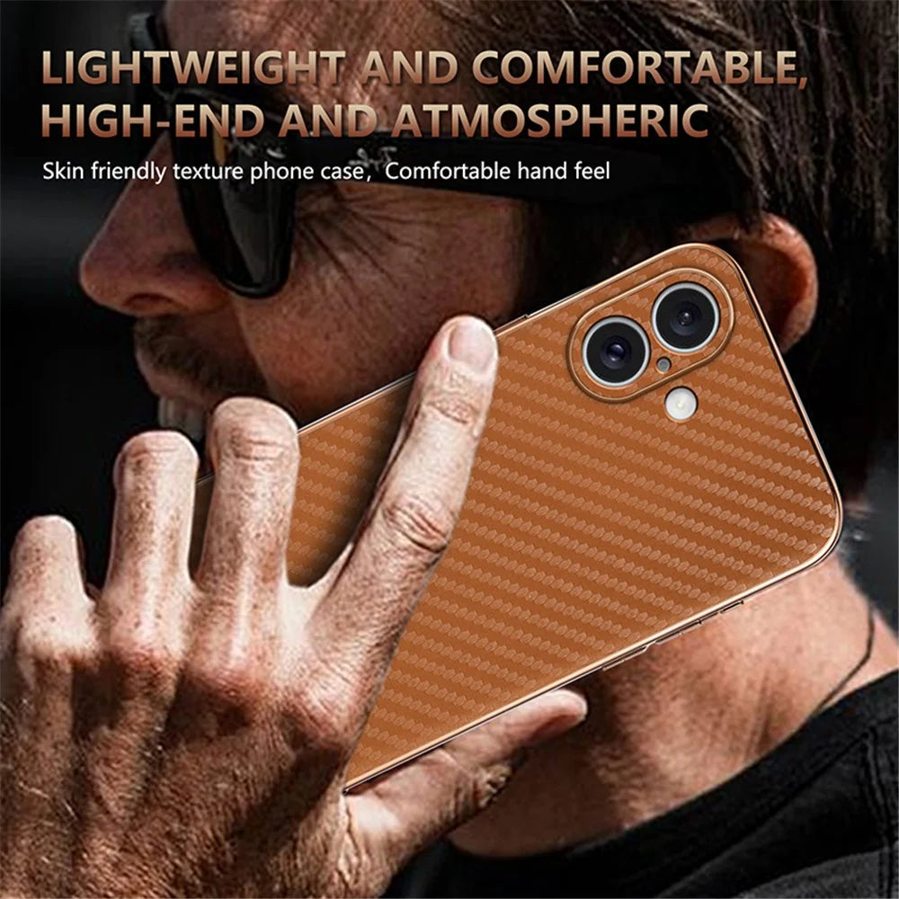 AZNS For iPhone 16 Case Electroplating Carbon Fiber Texture PU+TPU Phone Cover - Brown - 5