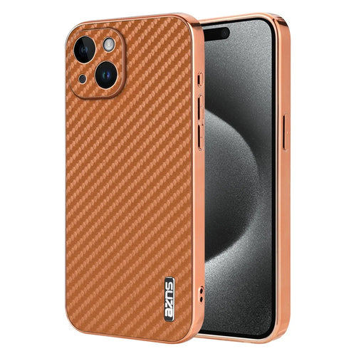 AZNS For iPhone 15 Case Electroplating Carbon Fiber Texture PU+TPU Phone Cover - Brown - 1