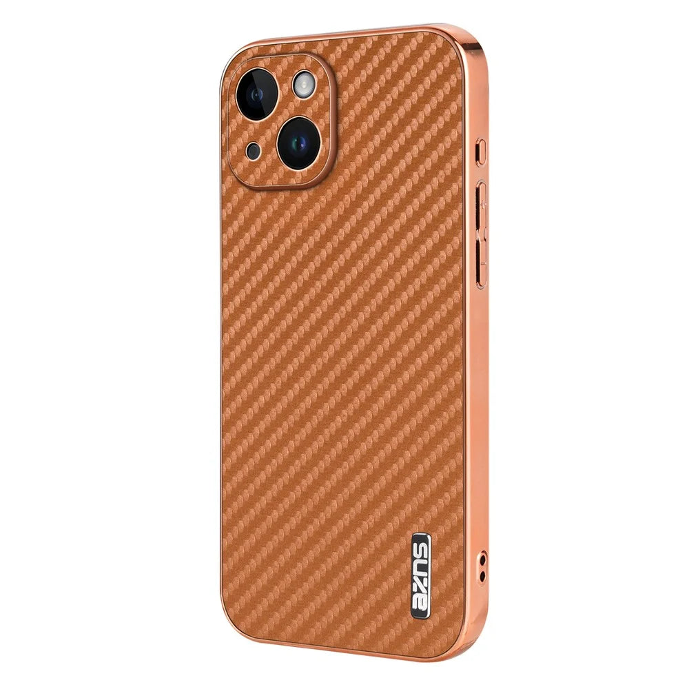 AZNS For iPhone 15 Case Electroplating Carbon Fiber Texture PU+TPU Phone Cover - Brown - 2