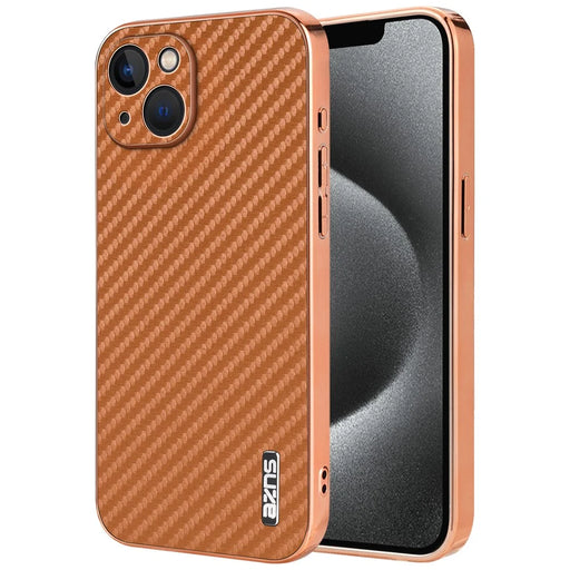 AZNS For iPhone 13 Case Electroplating Carbon Fiber Texture PU+TPU Phone Cover - Brown - 1