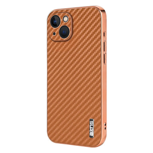 AZNS For iPhone 13 Case Electroplating Carbon Fiber Texture PU+TPU Phone Cover - Brown - 2