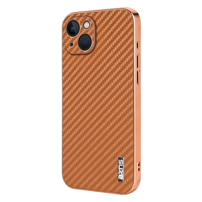 AZNS For iPhone 13 Case Electroplating Carbon Fiber Texture PU+TPU Phone Cover - Brown - 2