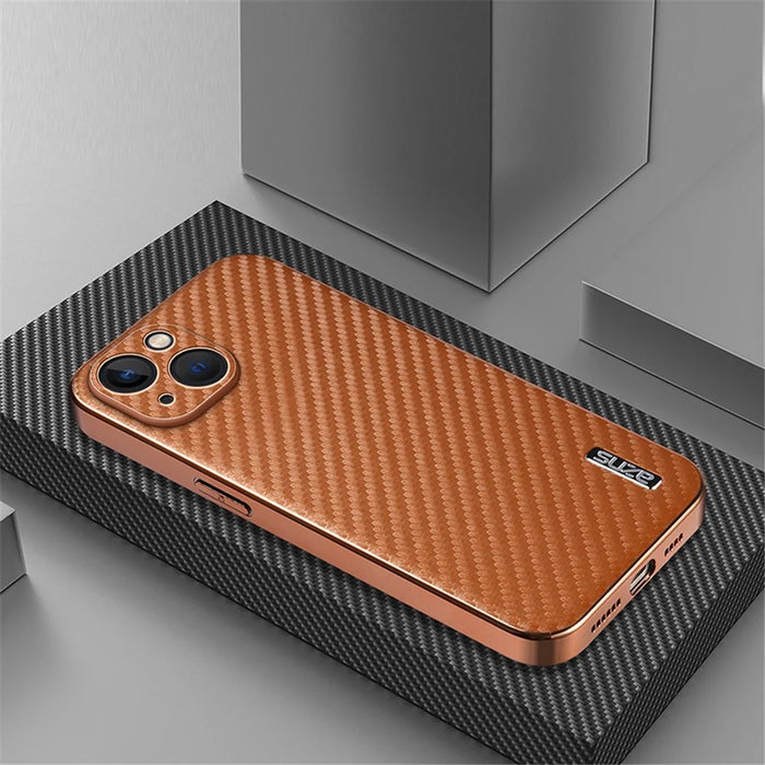 AZNS For iPhone 13 Case Electroplating Carbon Fiber Texture PU+TPU Phone Cover - Brown - 4