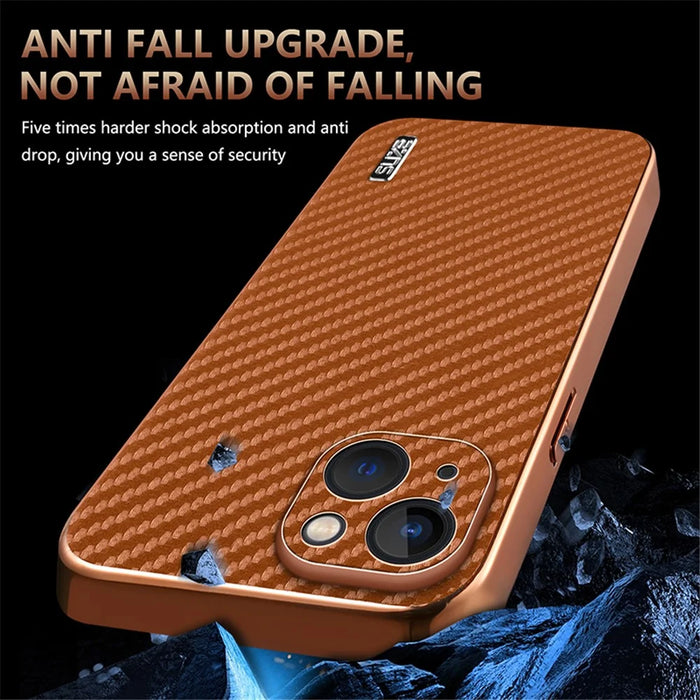AZNS For iPhone 13 Case Electroplating Carbon Fiber Texture PU+TPU Phone Cover - Brown - 6