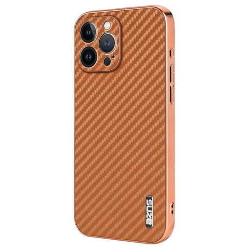 AZNS For iPhone 13 Pro Case Electroplating Carbon Fiber Texture PU+TPU Phone Cover - Brown - 1