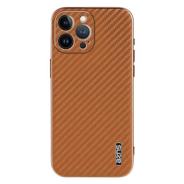 AZNS For iPhone 13 Pro Case Electroplating Carbon Fiber Texture PU+TPU Phone Cover - Brown - 2