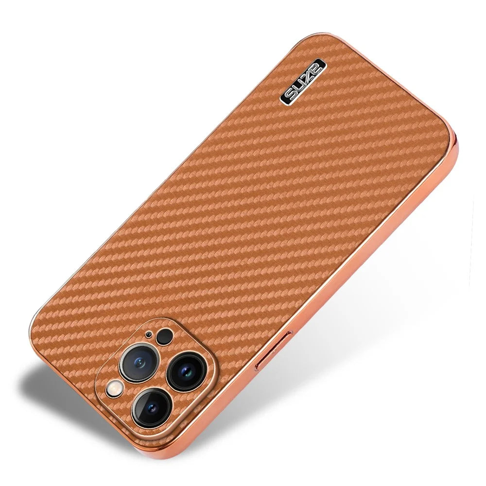 AZNS For iPhone 13 Pro Case Electroplating Carbon Fiber Texture PU+TPU Phone Cover - Brown - 3