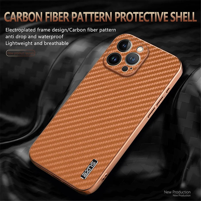 AZNS For iPhone 13 Pro Case Electroplating Carbon Fiber Texture PU+TPU Phone Cover - Brown - 5