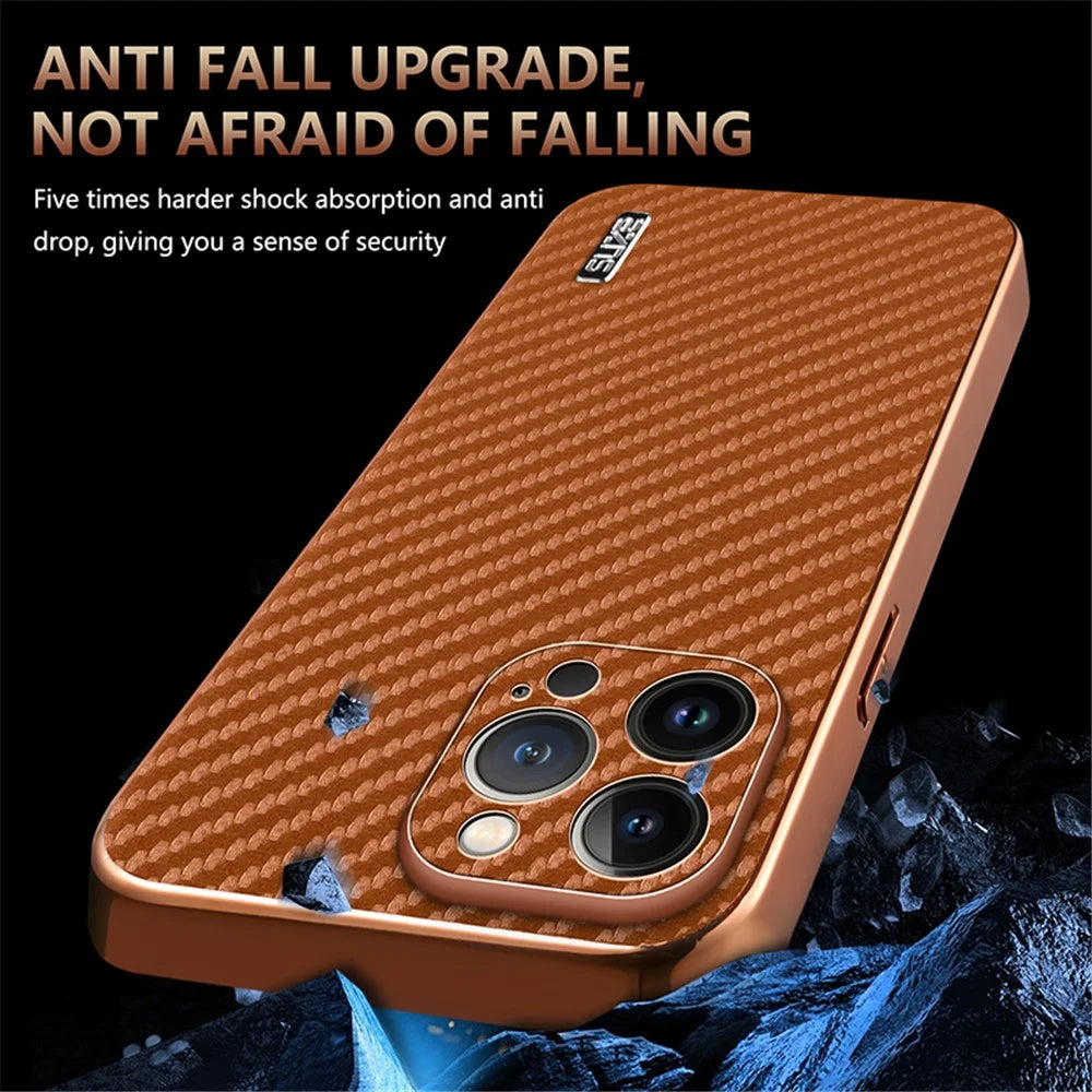 AZNS For iPhone 13 Pro Case Electroplating Carbon Fiber Texture PU+TPU Phone Cover - Brown - 6