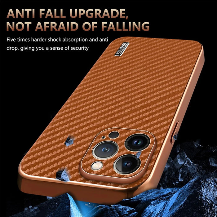 AZNS For iPhone 13 Pro Case Electroplating Carbon Fiber Texture PU+TPU Phone Cover - Brown - 6