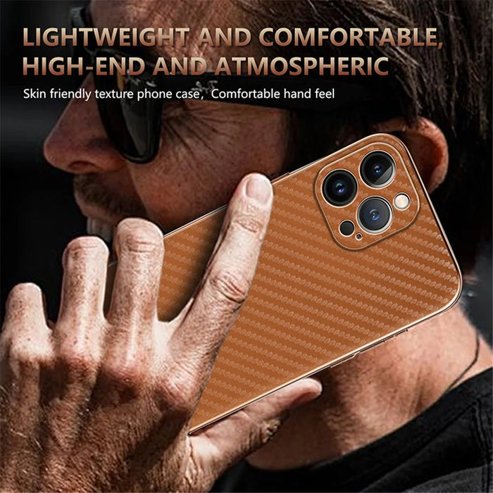 AZNS For iPhone 13 Pro Case Electroplating Carbon Fiber Texture PU+TPU Phone Cover - Brown - 7