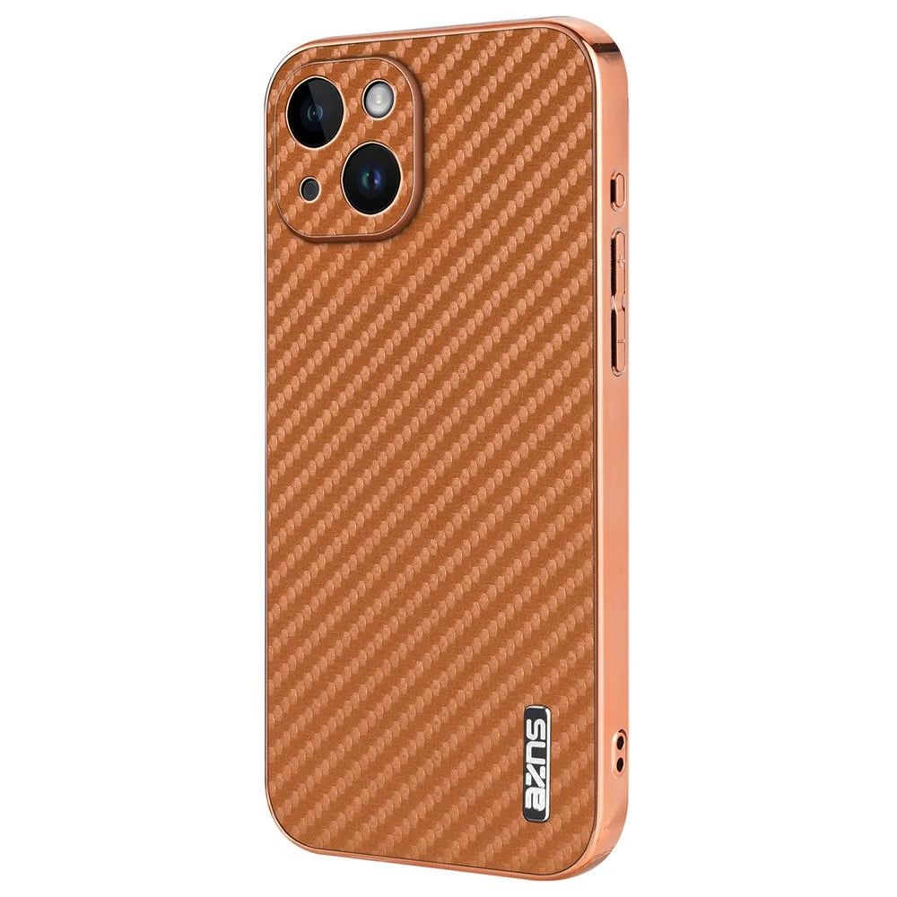 AZNS For iPhone 14 Case Electroplating Carbon Fiber Texture PU+TPU Phone Cover - Brown - 1