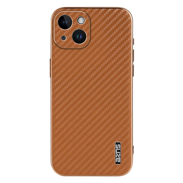 AZNS For iPhone 14 Case Electroplating Carbon Fiber Texture PU+TPU Phone Cover - Brown - 2