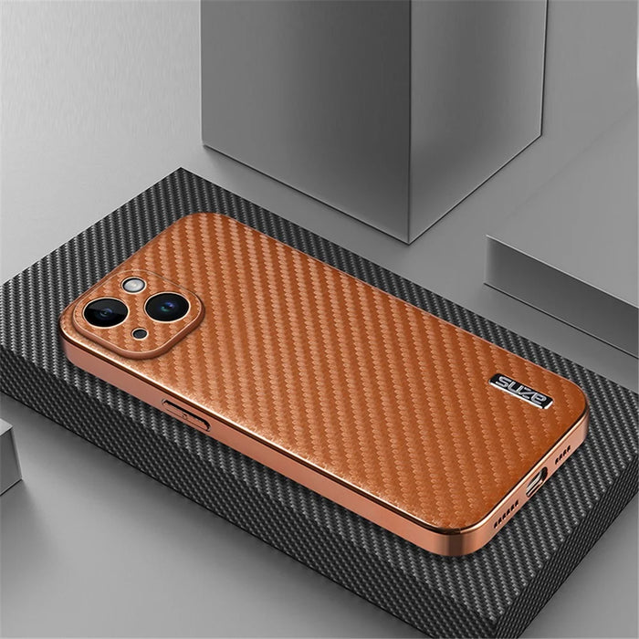 AZNS For iPhone 14 Case Electroplating Carbon Fiber Texture PU+TPU Phone Cover - Brown - 3