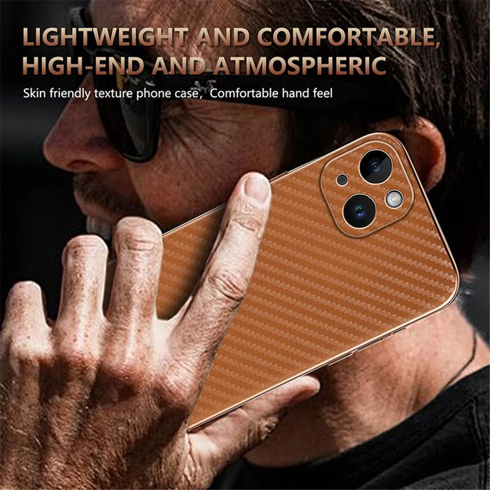 AZNS For iPhone 14 Case Electroplating Carbon Fiber Texture PU+TPU Phone Cover - Brown - 5