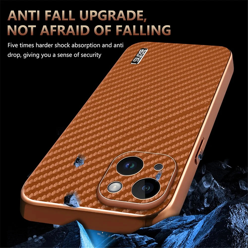 AZNS For iPhone 14 Case Electroplating Carbon Fiber Texture PU+TPU Phone Cover - Brown - 6