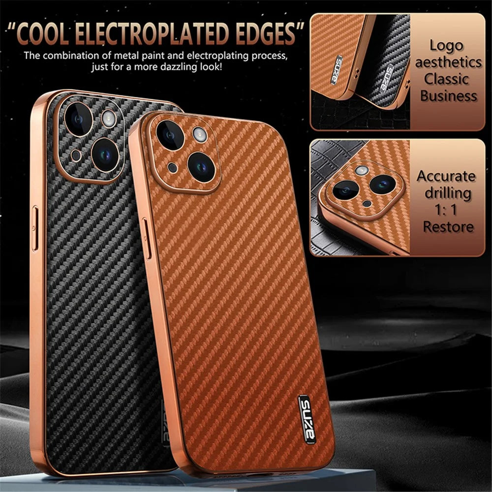 AZNS For iPhone 14 Case Electroplating Carbon Fiber Texture PU+TPU Phone Cover - Brown - 7