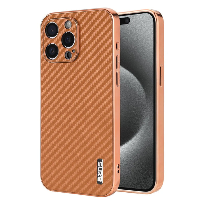 AZNS For iPhone 14 Pro Case Electroplating Carbon Fiber Texture PU+TPU Phone Cover - Brown - 1