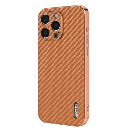 AZNS For iPhone 14 Pro Case Electroplating Carbon Fiber Texture PU+TPU Phone Cover - Brown - 2