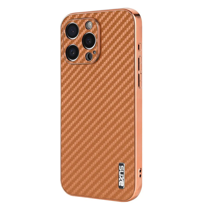 AZNS For iPhone 14 Pro Case Electroplating Carbon Fiber Texture PU+TPU Phone Cover - Brown - 2