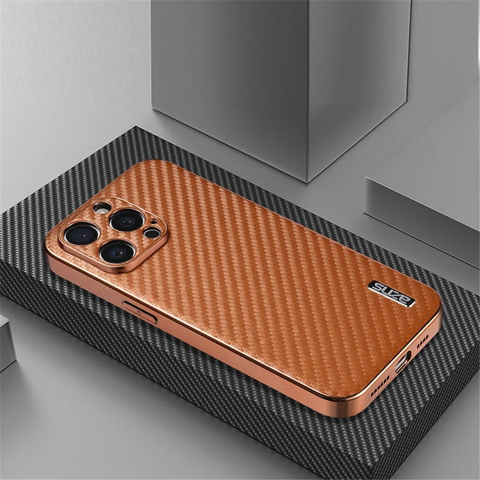 AZNS For iPhone 14 Pro Case Electroplating Carbon Fiber Texture PU+TPU Phone Cover - Brown - 4