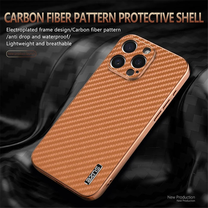 AZNS For iPhone 14 Pro Case Electroplating Carbon Fiber Texture PU+TPU Phone Cover - Brown - 5