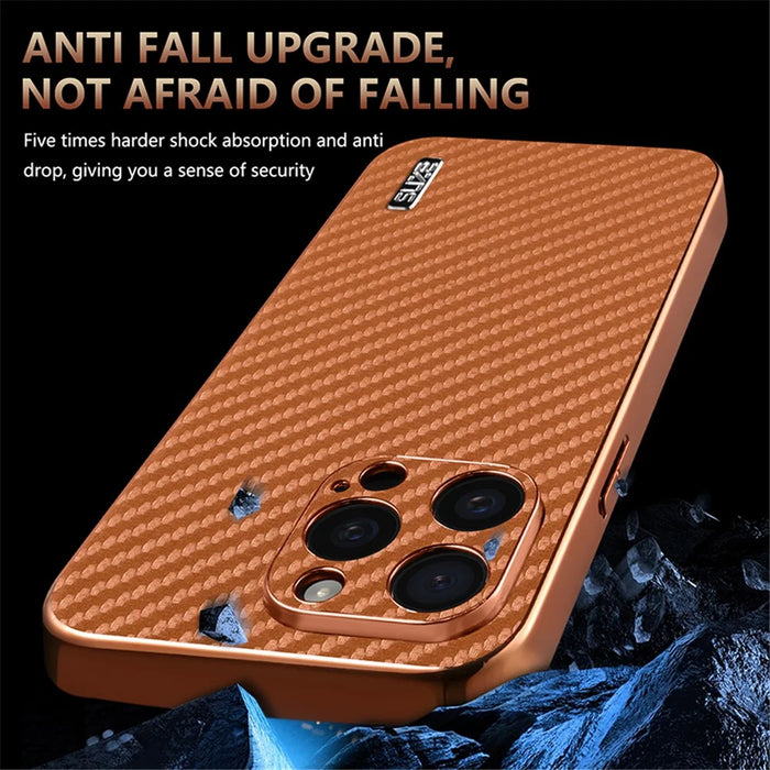 AZNS For iPhone 14 Pro Case Electroplating Carbon Fiber Texture PU+TPU Phone Cover - Brown - 6