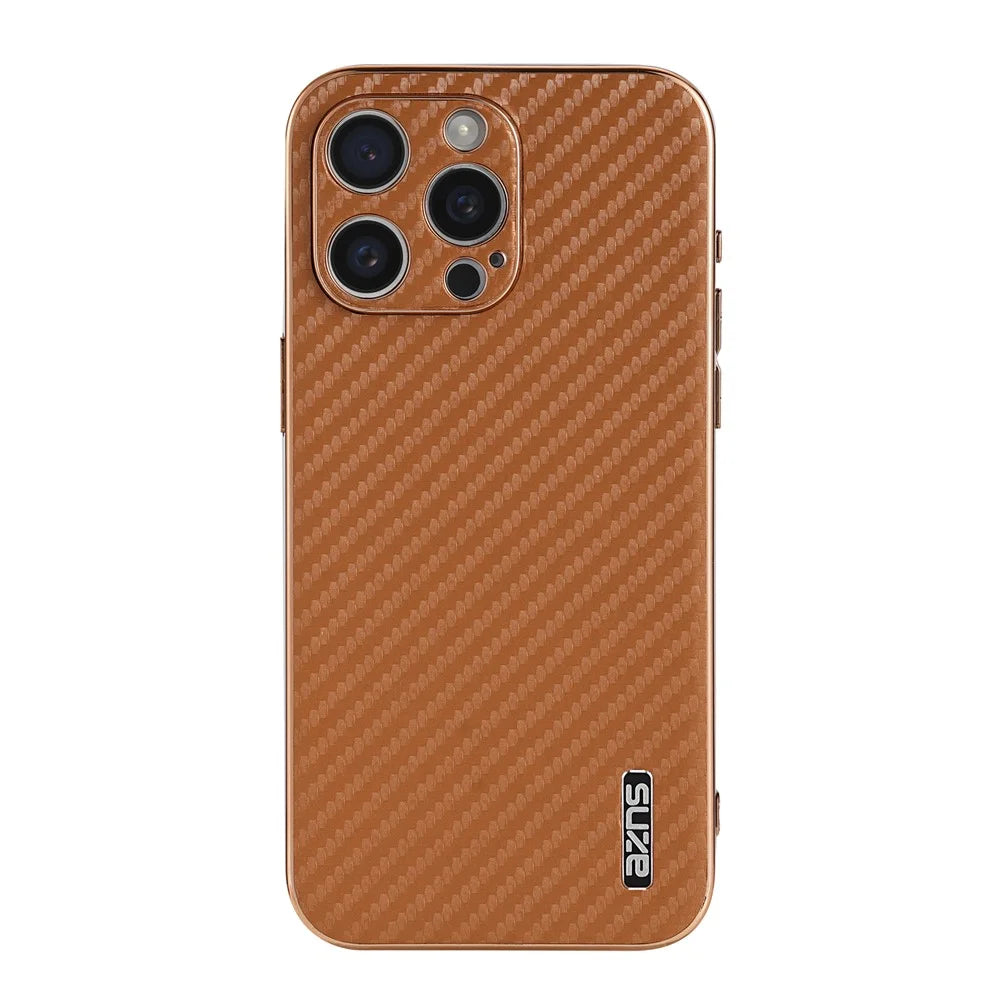 AZNS For iPhone 14 Pro Max Case Electroplating Carbon Fiber Texture PU+TPU Phone Cover - Brown - 3