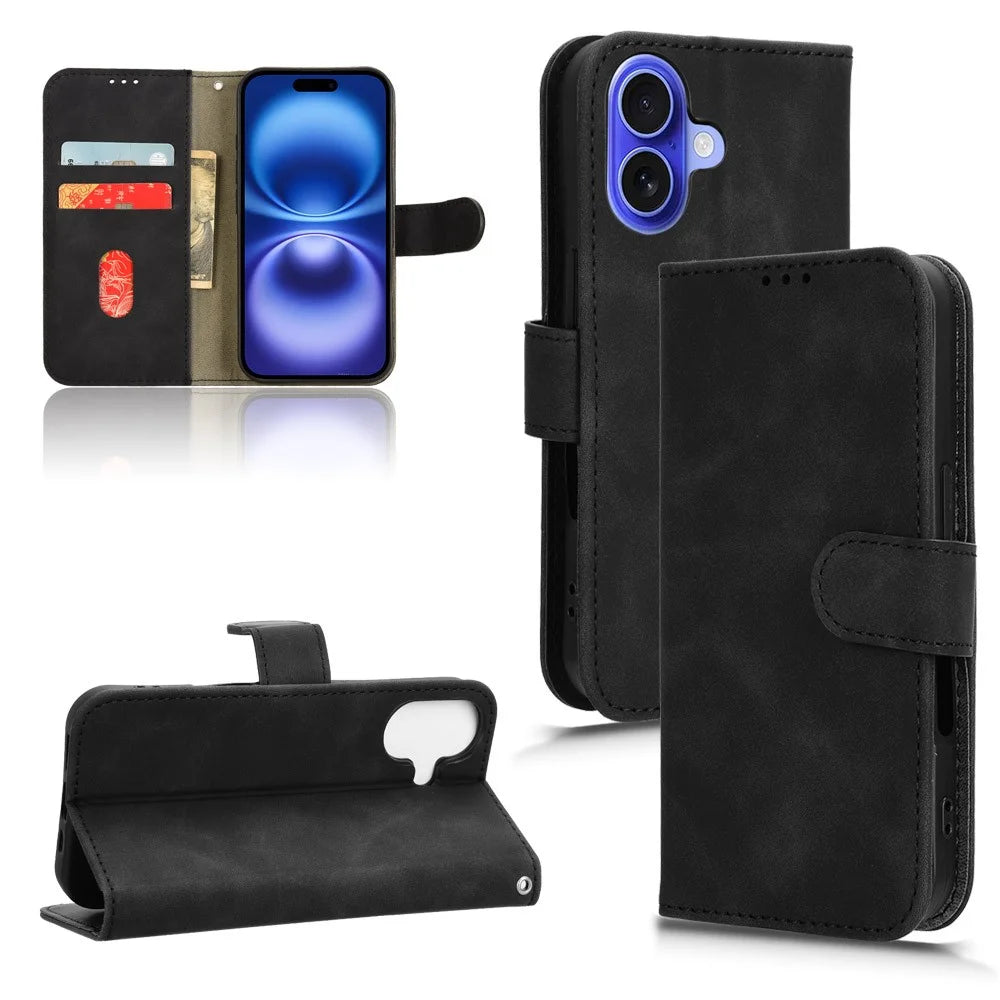 For iPhone 16 Leather Case Skin-Feel Anti-Drop Wallet Flip Phone Cover - Black - 7