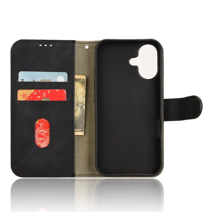 For iPhone 16 Plus Leather Case Skin-Feel Anti-Drop Wallet Flip Phone Cover - Black - 4